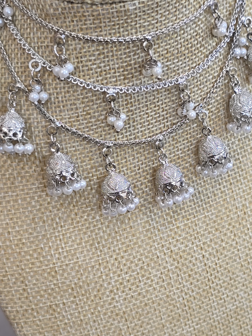 Silver Tone Jhumka Necklace with White Pearls - Elegant Women's Jewelry